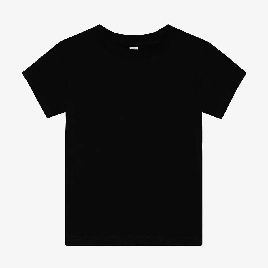 A toddler-sized black short-sleeve T-shirt made from soft and lightweight cotton, featuring a crew neck and minimalist design, laid flat on a white background.
